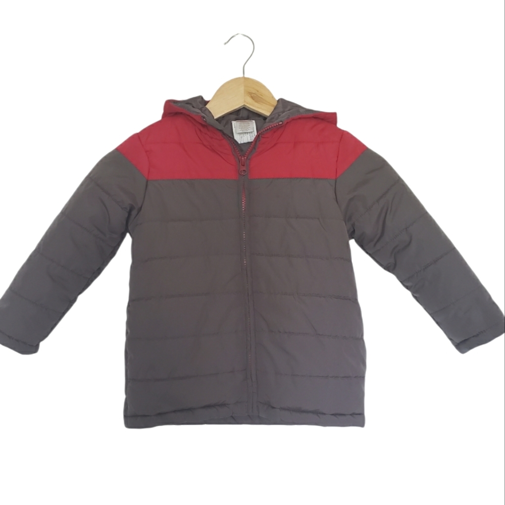Gymboree Boys Puffer Jacket Size XS 4 Kids Hooded Gray Red Full Zip